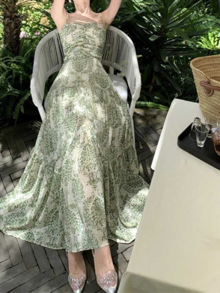 Dress Women Sling Dresses A Line Print Floral Pleated Sleeveless Backless Slim Fit Tight High Waist Long Dresses Elegant SpliceXJ250514