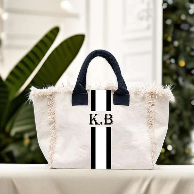Summer American Style Trends Stripe Printing Women's Tassel Handbag Customizable Letters Canvas Tote Beach Bag Wedding Gift