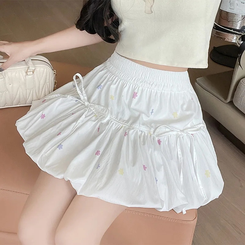 Korean Chic White Flower Bud Skirt Ladies Sweet Ballet Ball Gown Mini Woman Elastic Waist Bow LaceUp Print ALine Skirts 250514