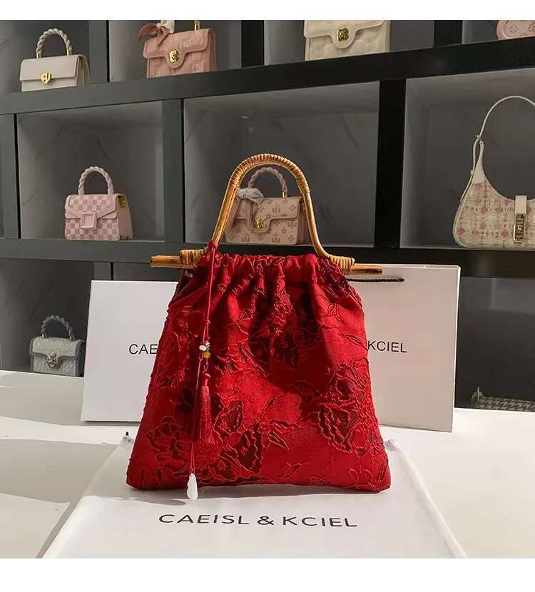 Bamboo Handheld Fashion Women Handbag Cotton Fabric Embroidery Handmade Bucket Large Capacity Tote Female Shoulder Bag