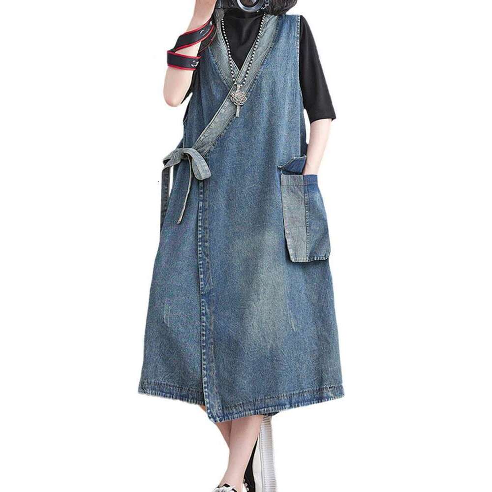 Korean Fall Long Clothes Womens Fashion Loose Belt Sleeveless Denim Dresses Ladies Classic Leisure Vintage Vestidos