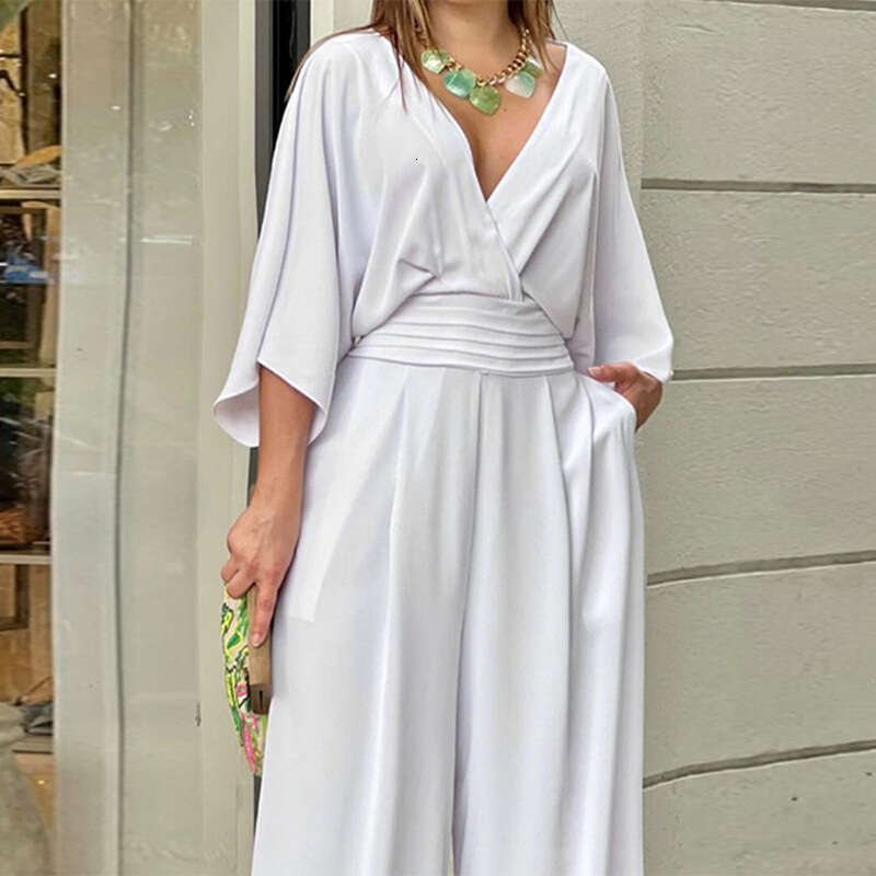 2025 Winter Elegant Clothing Womens Fashion Solid Color Ins Short Sleeve Casual V-neck Jumpsuit Fashionable Leisure and Leisure Printing