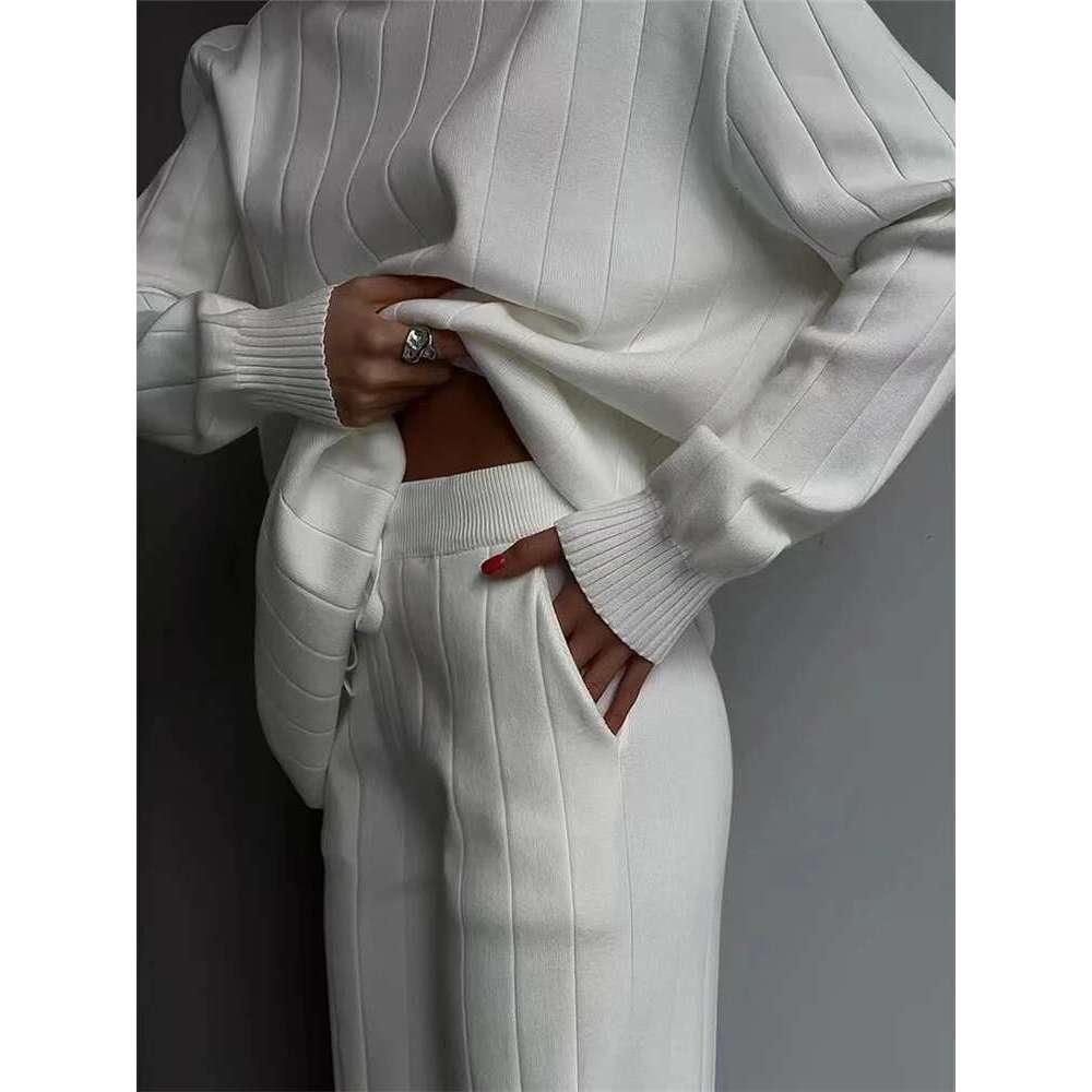 REALEFT Autumn Winter 2 Pieces White Women's Sets Knitted Tracksuit Turtleneck Sweater And Straight Jogging Pant Suits 2023 New