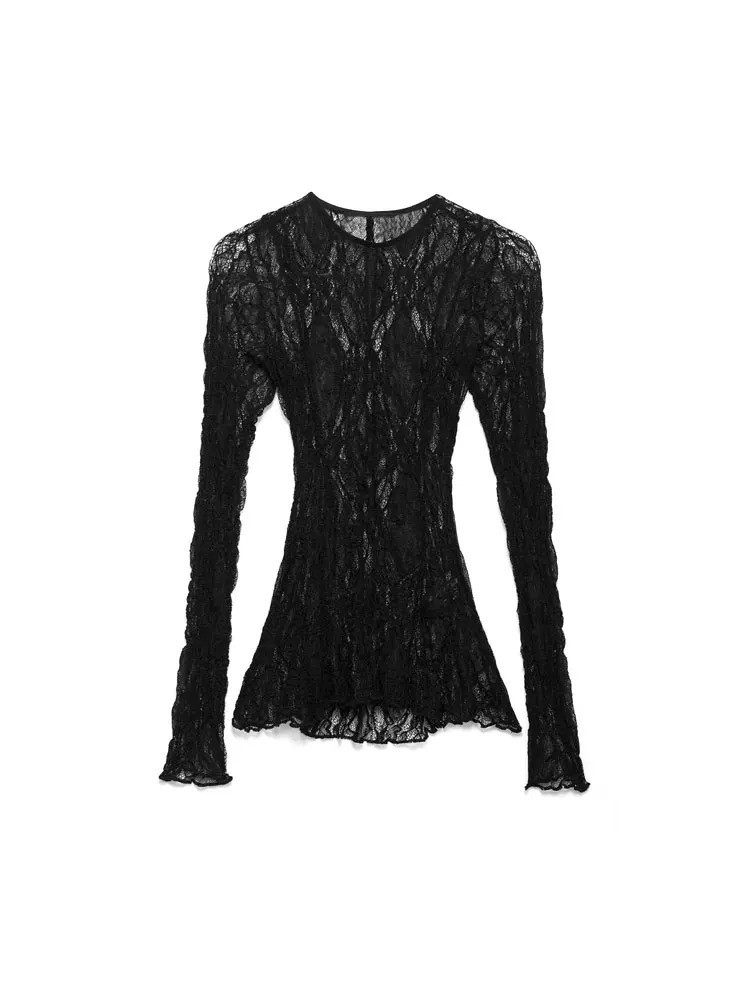 TRZA Womens Sexy Fashion SemiSheer Lace Blouse ONeck Long Sleeve Chic Top Female Shirt 250514
