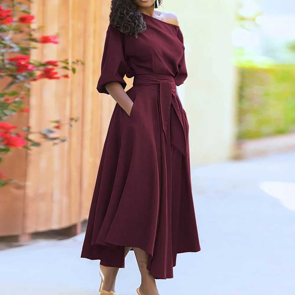 Elegant Womens Spring/Summer Fashion Green Diagonal Neck Middle Sleeve Casual Dress Womens Casual Retro Long Dress s-3XLXJ250514