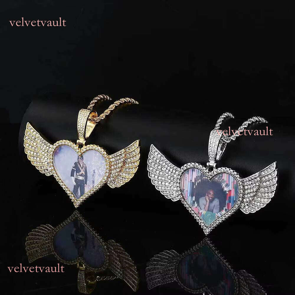 Hip hop Heart Photo Pendant Men's Personalized Memory Picture Necklace with Wings