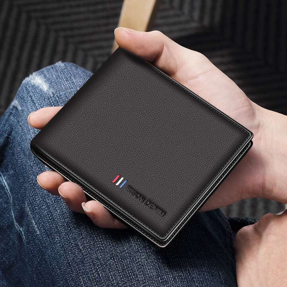 BISON DENIM 100% Genuine Cowskin Leather Men Brand RFID Bifold Zipper Coin Purse Card Holder Wallet