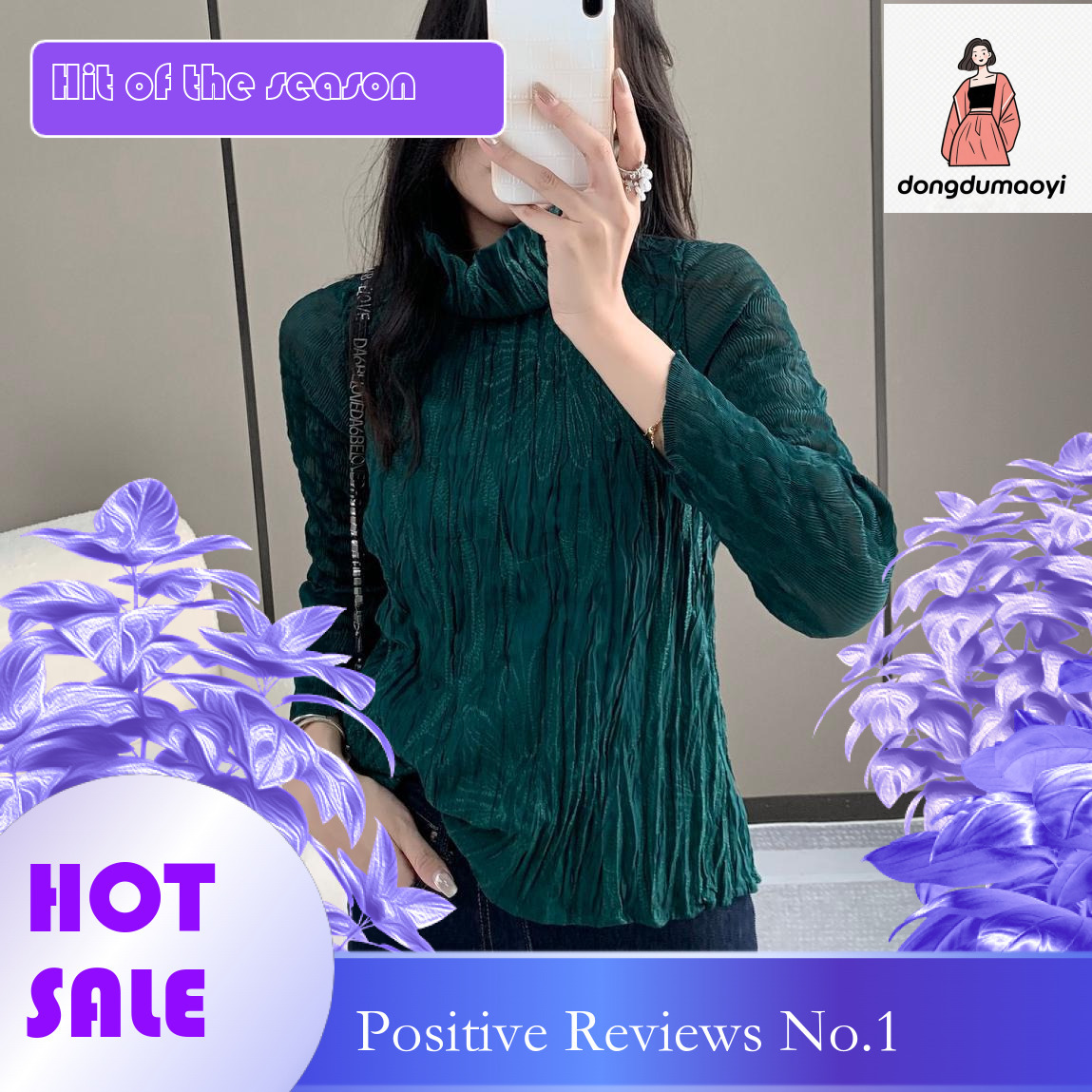 dongdumaoyi Frech high-ed embroidered base shirt, Miyake autum ad witer plus size wome's clothig, coverig the belly to show off weight, pleated T