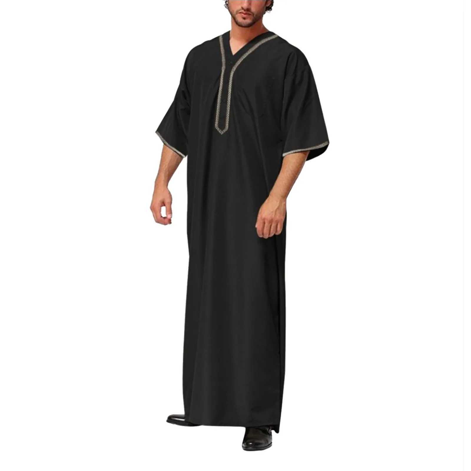 Muslim Men Jubba Thobe Solid Color Button Kimono Middle Robe Saudi Musulman Shirt Stand Collar Islamic Arabic Kaftan Men Abaya X2505141