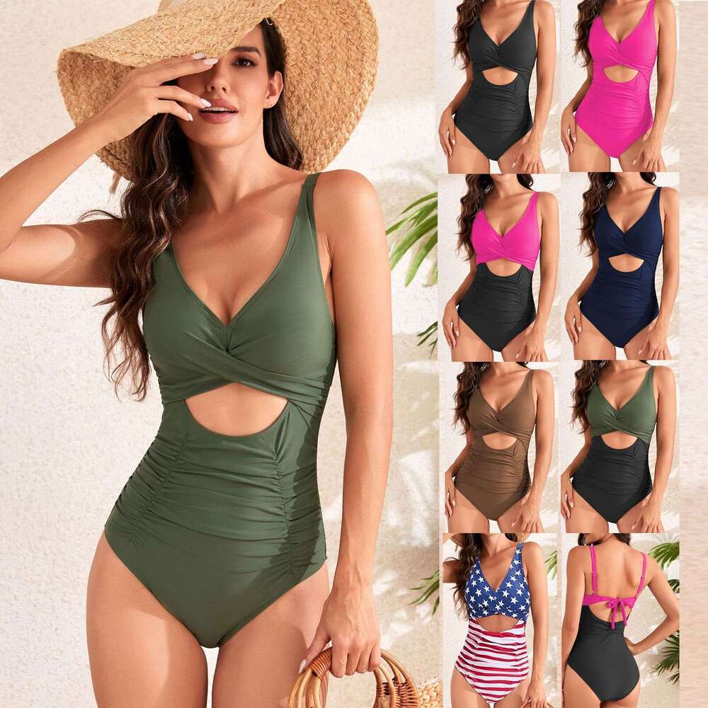 24 popular BS one-piece solid color cross bag pleated high waisted swimsuits, swimsuit, 2025 new casual versatile fashion clothing
