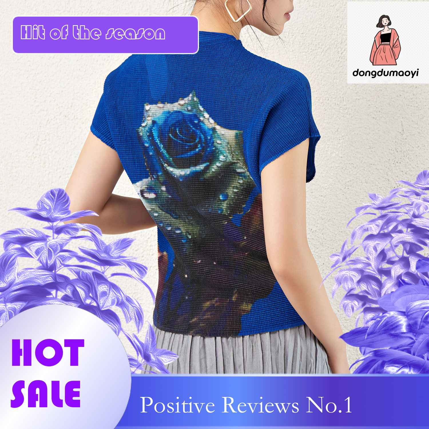 dongdumaoyi Miyake style top 2024 new half neck short sleeved fashionable printed hollow out clothes women's rose T-shirt