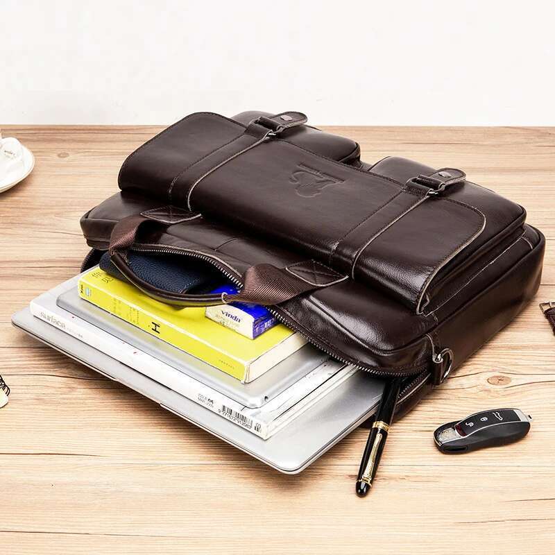 Genuine leather men's briefcase with double front pockets, large capacity computer bag, diagonal cross handbag