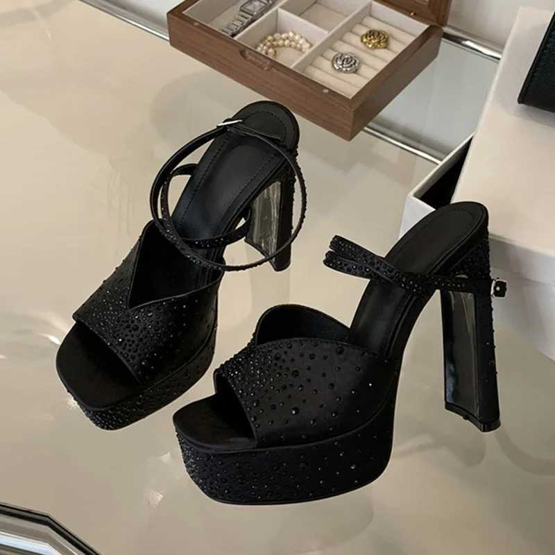 Similar Fashion Rhinestone High Heels Women Sexy Sandals Crystal Silk Ankle Strap Female Square Toe Chunky Platform Shoes Black W250514
