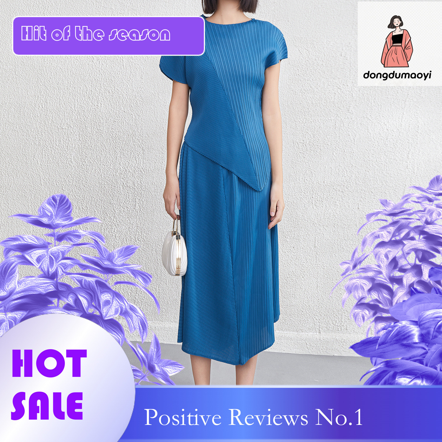 dongdumaoyi Miyake style short sleeved T-shirt+high waisted A-line for women's 2025 summer new pleated top, hip hugging skirt set