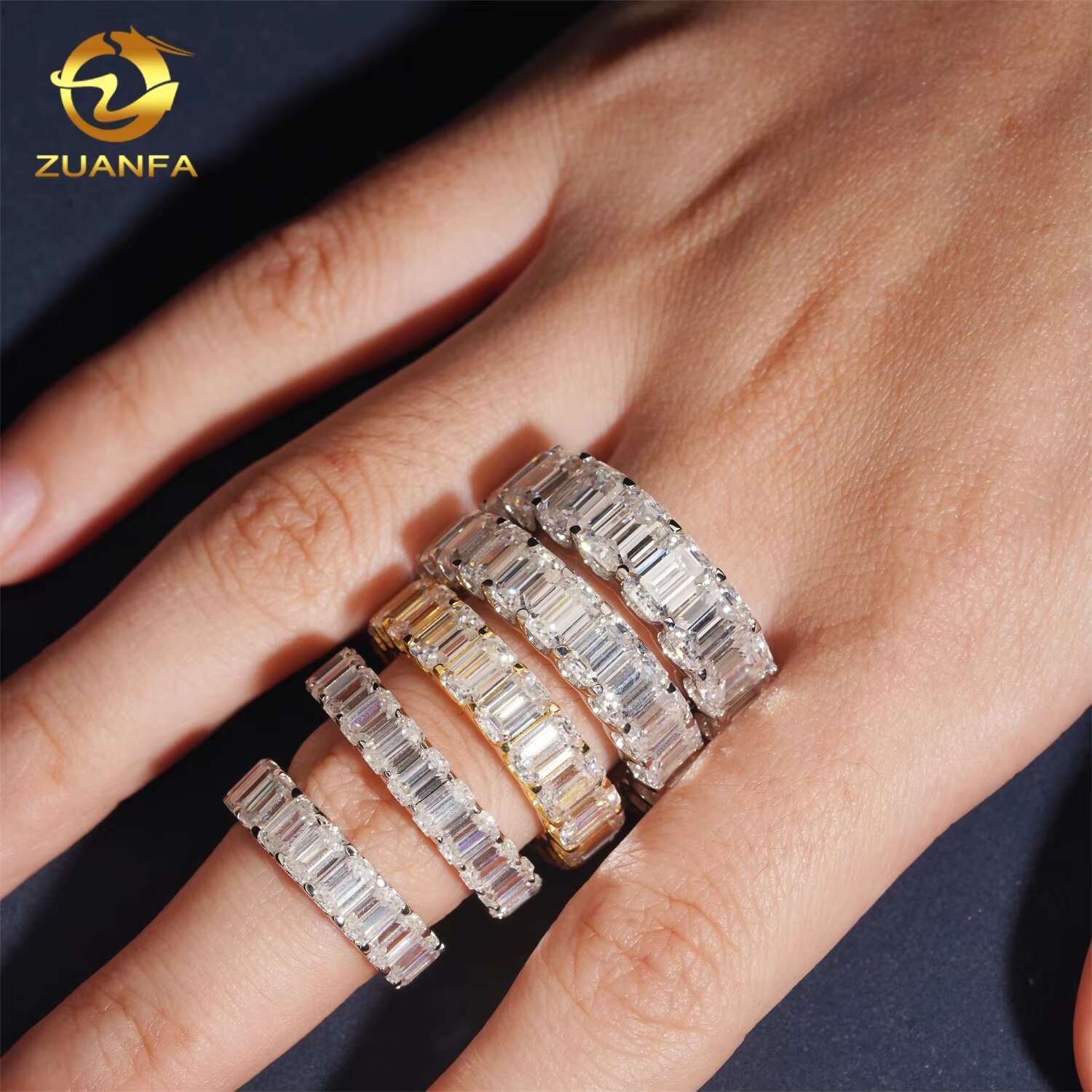 Solid 925 Silver Moissasnite Eternity Ring Iced Out Engagement Rings Emearld Cut Women Men Rapper Jewelry