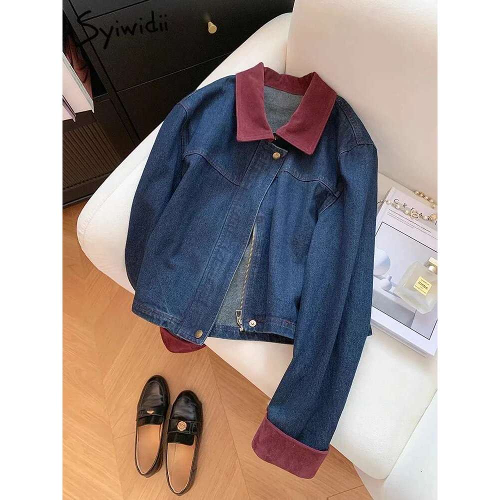 Syiwidii Denim For Women Turn-Down Collar Chic Button Zipper Casual Coat Autumn Fashion Long Sleeve Female Jean Jackets