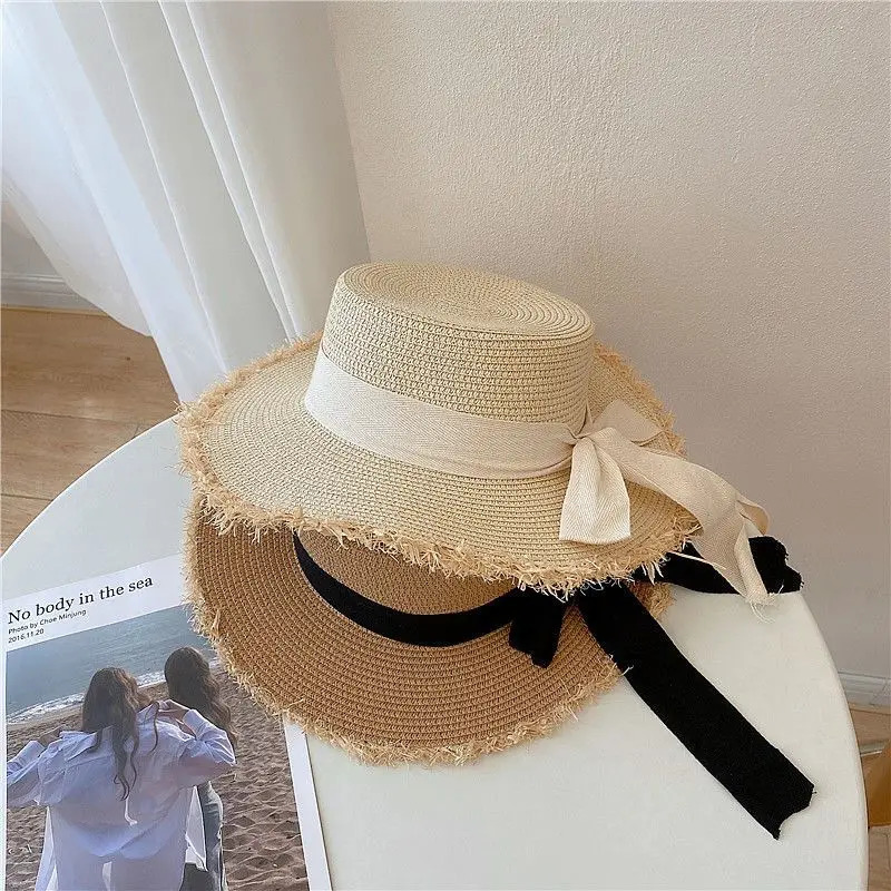 Beach HatJapanese Everything Hairy Edge Straw Hat Female Summer Flat Top Outing Sun Hat Small Fresh Bow Sun Shade Beach Hat 250514