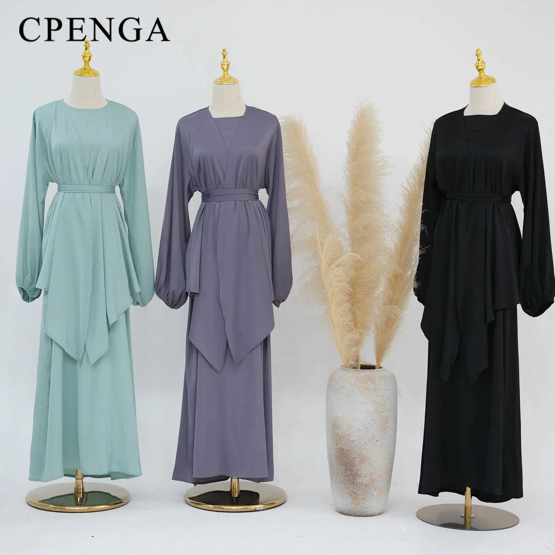 2 Piece Saudi Arabia Muslim Women Satin Abaya Dress for Women Islam Dubai Vacation Modest Clothing 2024 Elegant Turkish Robe X250514