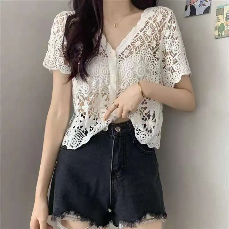 Sheer Crochet Top Button Front VNeck Short Sleeve Openknit y Blouse Women Summer Boho Vacation Outfit 250514