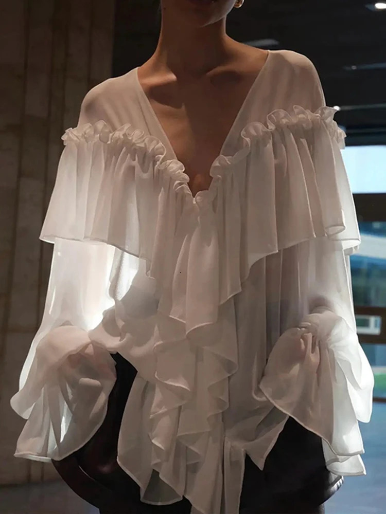 Mesh Sheer Shirt Women Elegant Pleated Layered Deep V Neck Flare Sleeve Pullover Blouse Female Commute High Streetwears 250514