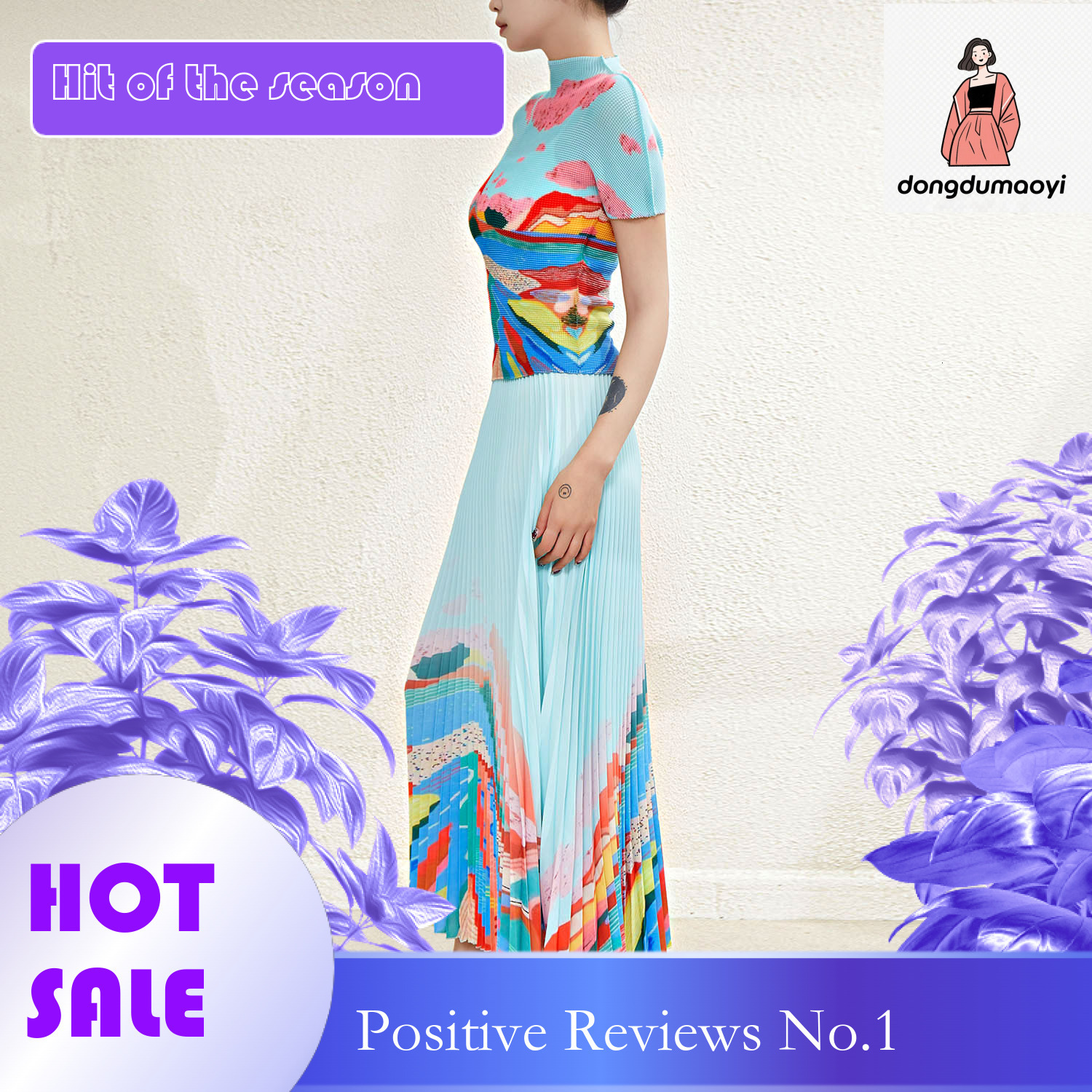 dongdumaoyi Miyake printed T-shirt, women's summer new style, pleated half skirt, small fashionable, age reducing and stylish two-piece set