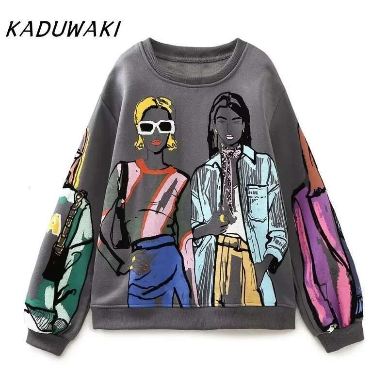 KADUWAKI Autumn/Winter New Product Women's Fashion Casual Loose Versatile Round Neck Long Sleeve Printed Sweater K Pop Clothes
