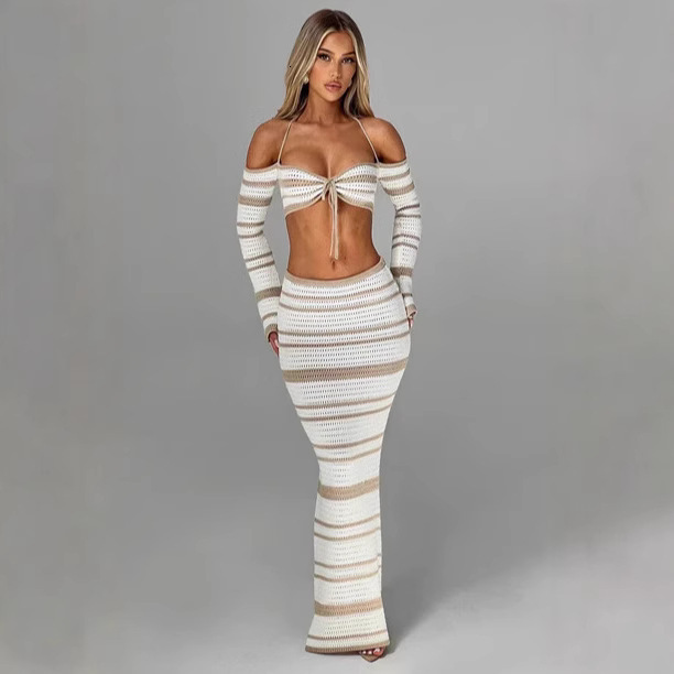 2025 new spicy girl womens suit summer striped long sleeved hanging neck top half skirt two-piece set for women