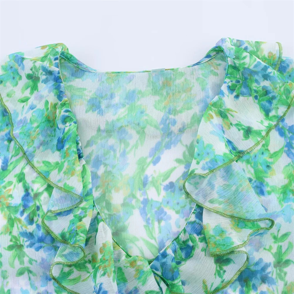 UNIZERA womens shirt with green floral print Vneck layered decoration long sleeved temperament summer style 250514