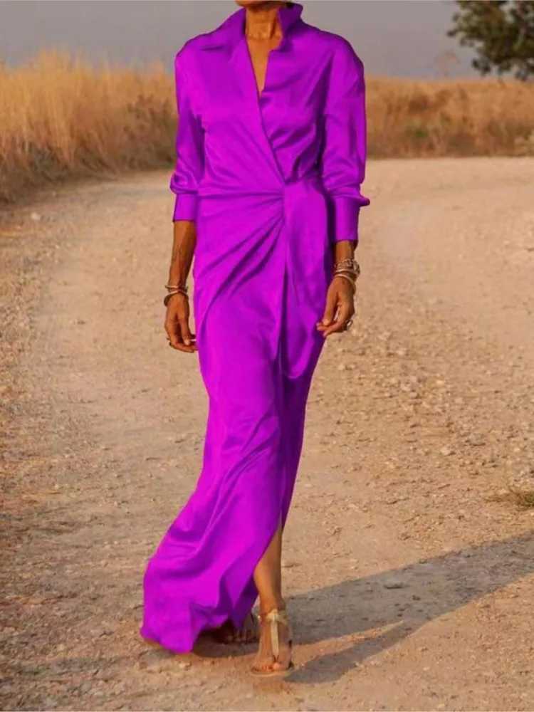 Womens Fashion Casual Split Long Dresses Spring Autumn Lapel Long Sleeve Shirt Skirt High Waist Solid Color Loose Lace Up DressXJ250514