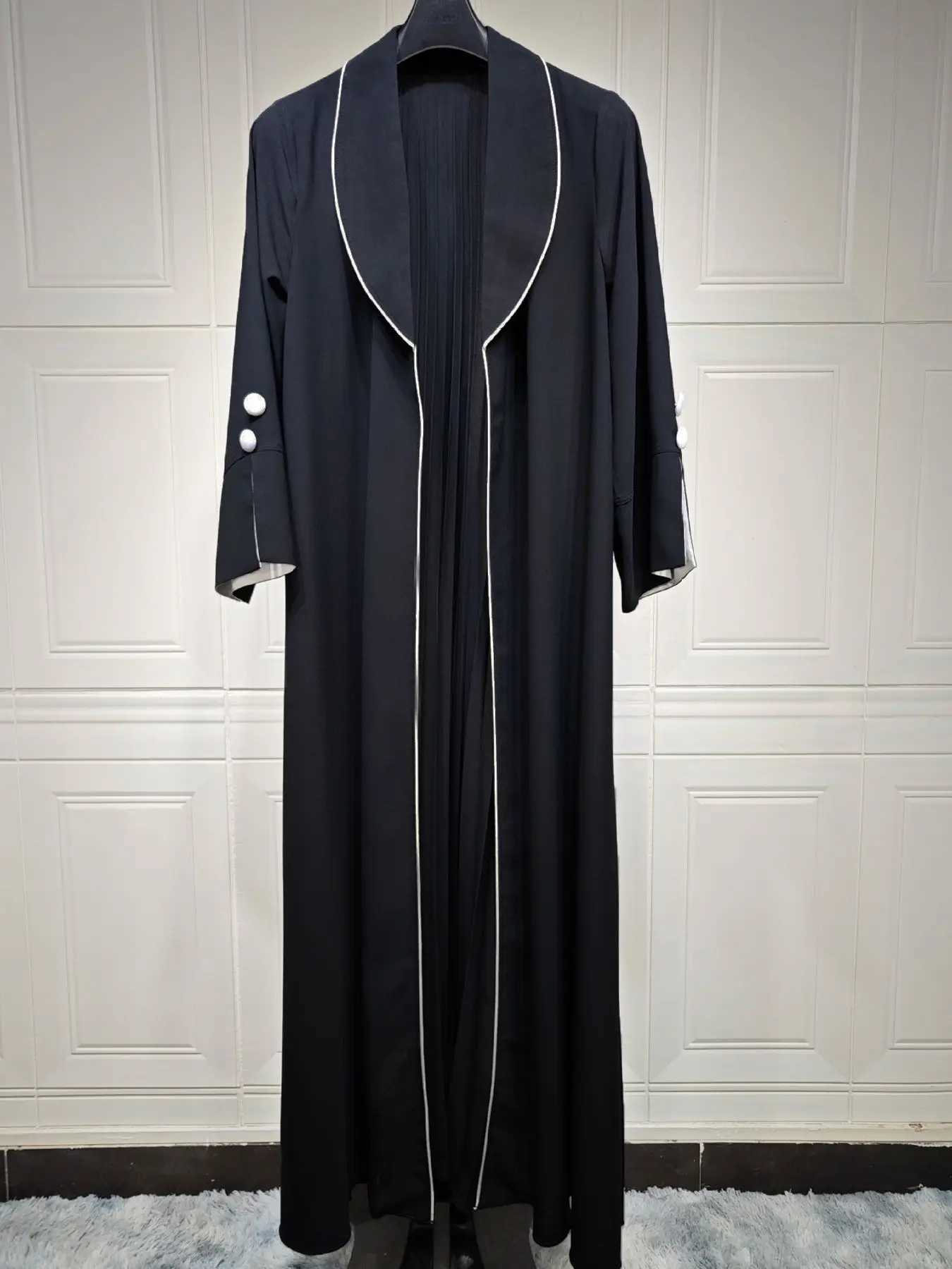New Contrast Trim Open Front Cardigan Abaya Shawl Collar Robes Women Muslim Moroccan Kaftan Ramadan Jalabiya Islam Dubai Arabic X250514
