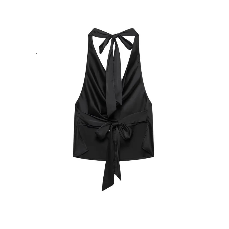 Womens Elegant Satin Halter Blouse with Adjustable Drap Neck Female Camisole Sexy Open Back Sleeveless Holiday High Street Top 250514