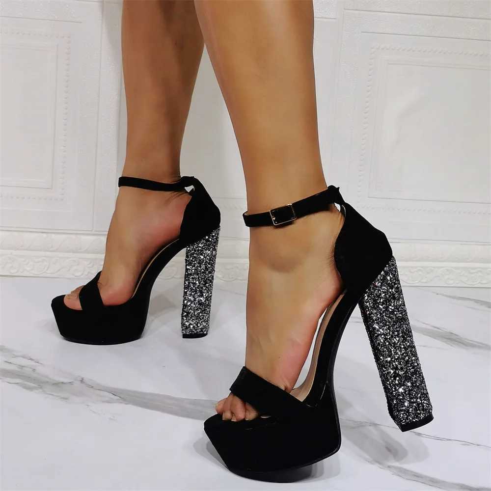 Boldees Chic Black Suede Chunky Heel Platform Sandals Line Buckle Style OpenToe Glittery Sequins Decorated Block HeelDress Shoes W250514