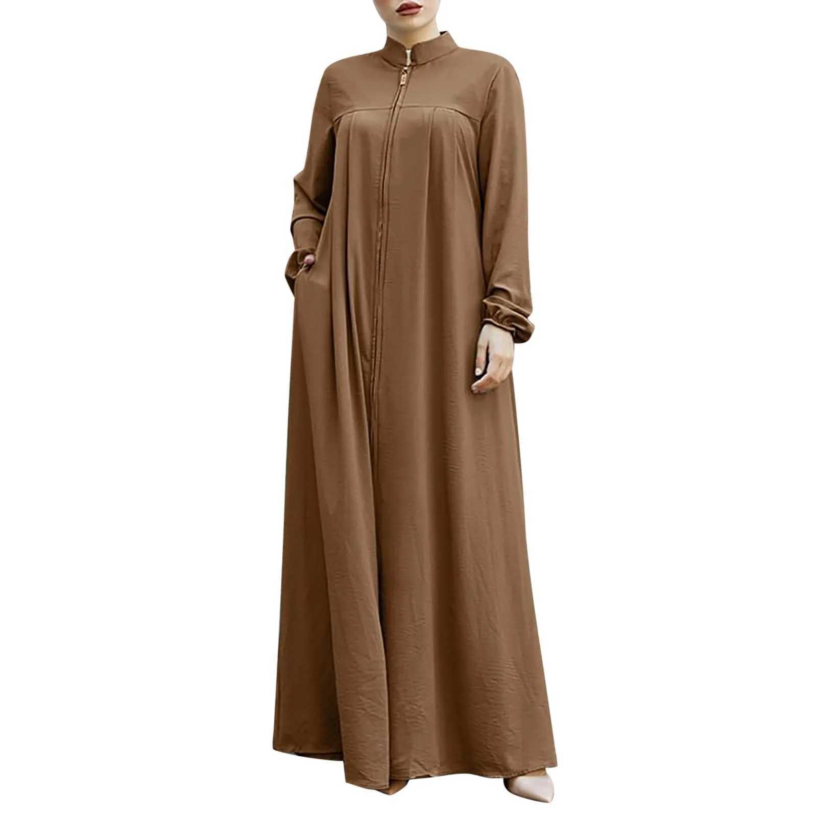 Oversized Women Ramadan Abayas Front Zipper Up Musulman Dress With Pockets Stand Collar Solid Islamic Clothing Loose Jilbab X250514