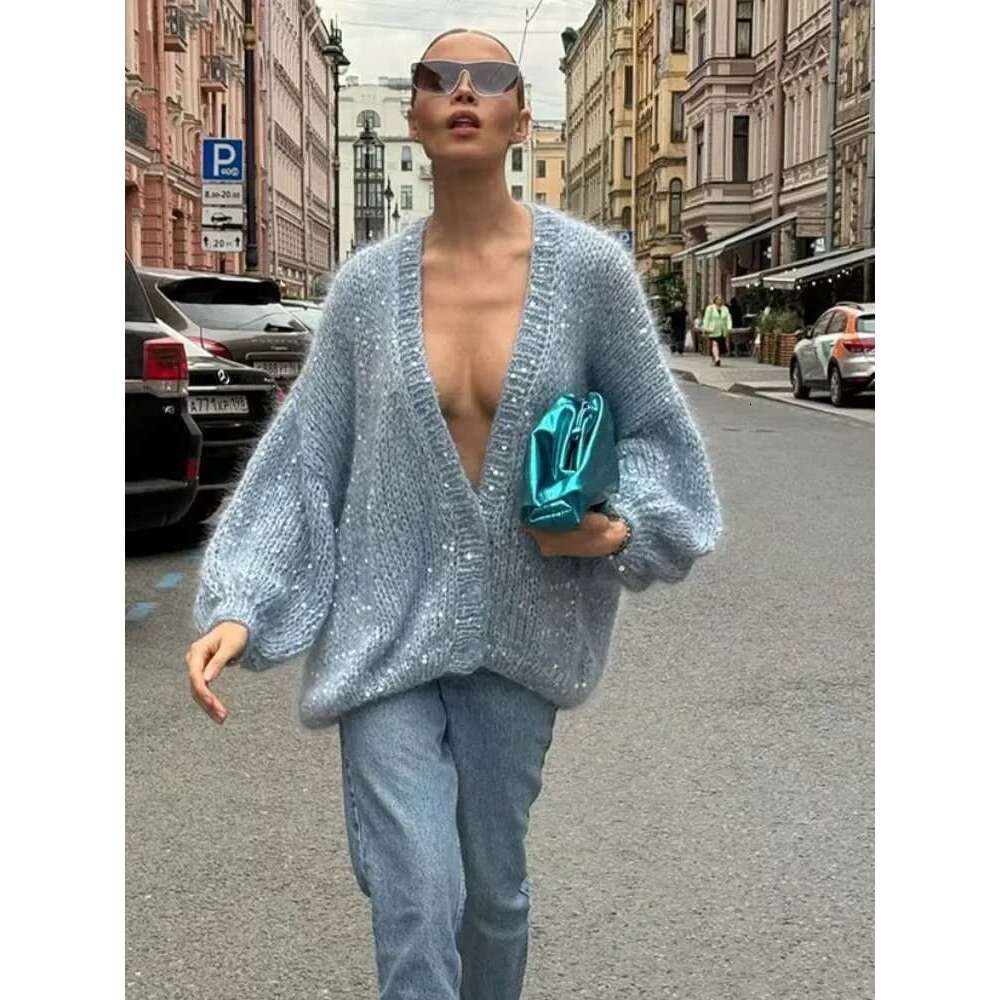 Lady Street Knitwear Fashion Shiny Sequins Women Mohair Knitted Cardigan Chic V Neck Long Lantern Sleeve Sweater
