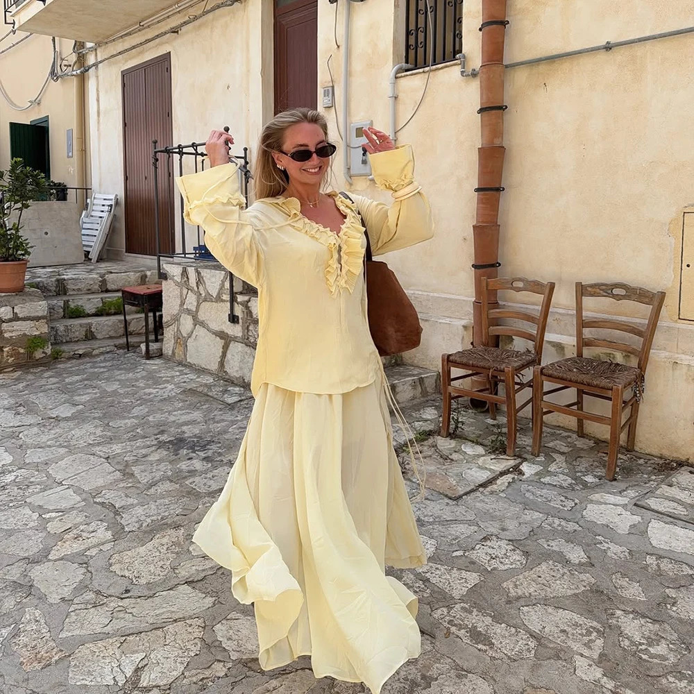Age Reduction Light Yellow V Neck Long Sleeves Stacked Shirt High Waist Long Skirt Women Suit Set ZATAF 2025 Spring 250513