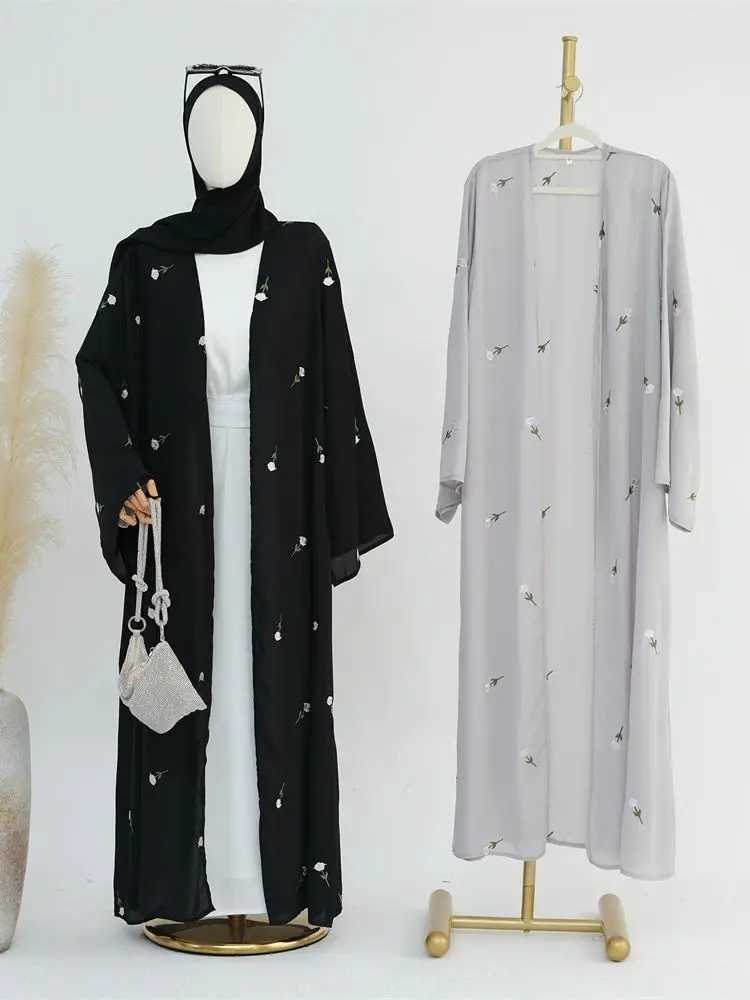 Open Muslim Women Embroidery Kimono Abaya Dubai Elegant Kaftan Modest Hijab Dress Set Islam Caftan Marocain Robe Femme Musulmane X250514