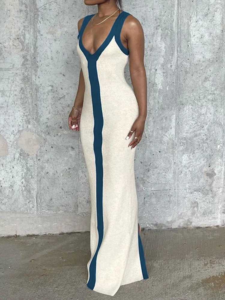 Sexy V-neck Contrast Color Off-shoulder Sleeveless Striped Wide Sling Split Hem Long Dress Temperament Party Club Casual ClothesXJ250514