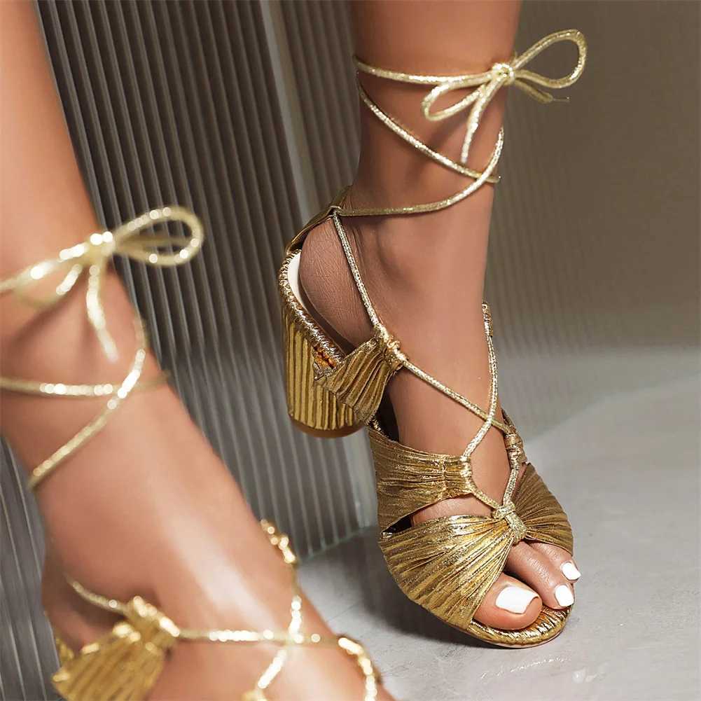 Summer Gold Heels Cross Strappy Lace Up Sandals For Women Elegant Fashion With Block Metallic Velvet Wedding Dress Shoes Open Toe W250514