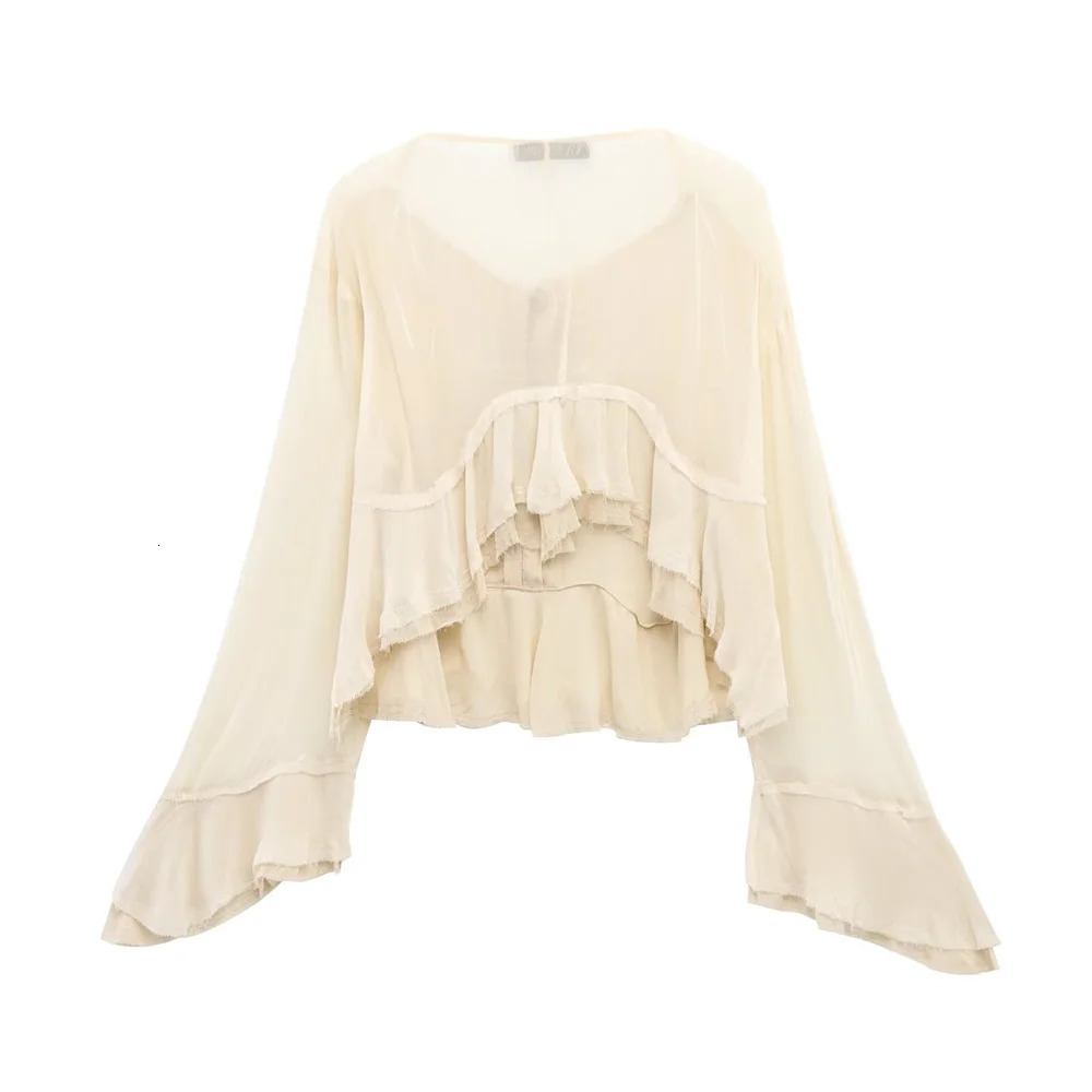 Taop Za womens spring and summer round neck flared sleeve ruffle collar lace up layered decoration shirt 250514
