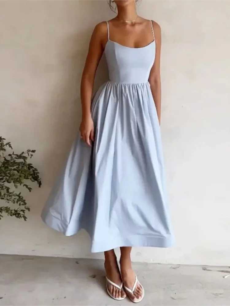 Sexy Solid Spaghetti Strap A-line Maxi Dresses Women Low Cut Sleeveless Big Skirt Dress Summer New Fashion Elegant Party DressXJ250514