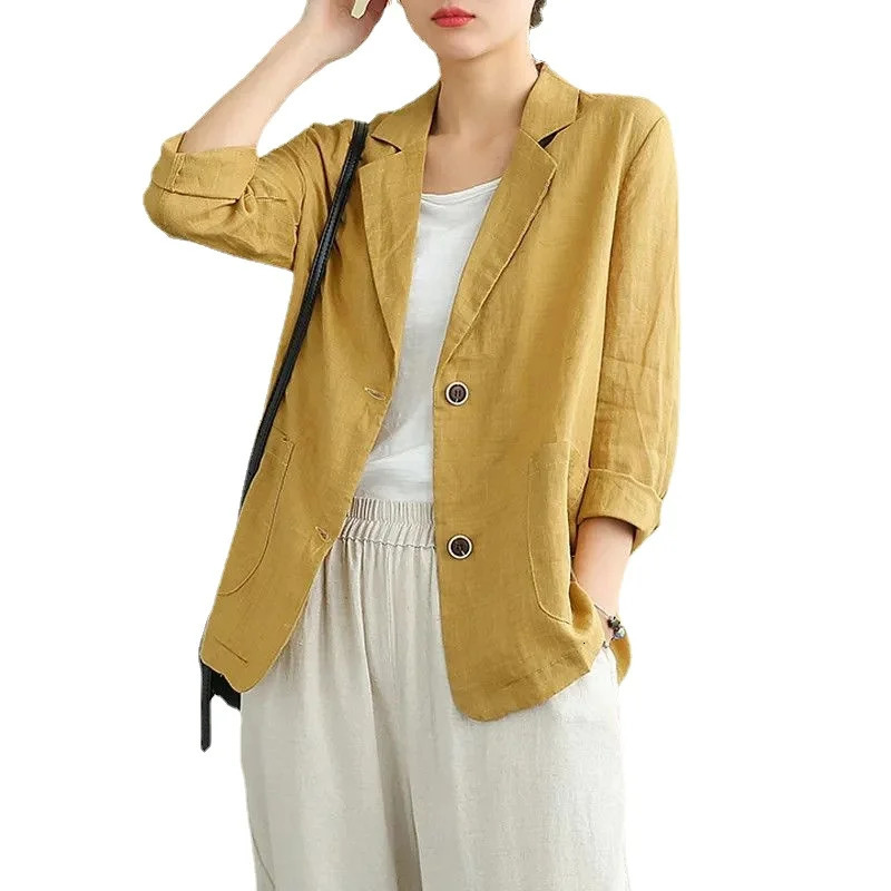 Casual Cotton and Linen Suit Jacket Women Spring and Summer Loose solid Long-sleeved Blazer Woman Sunscreen Clothing 250513