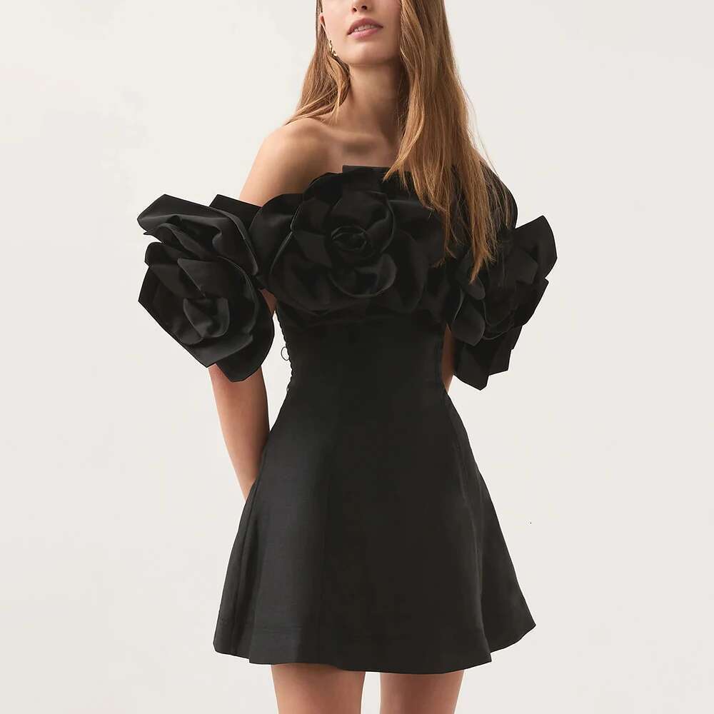 TWOTWINSTYLE Solid Spliced 3D Flower Tunic Dresses for Women Slash Neck Off Shoulder High Waist Patchwork Zipper Dress Female