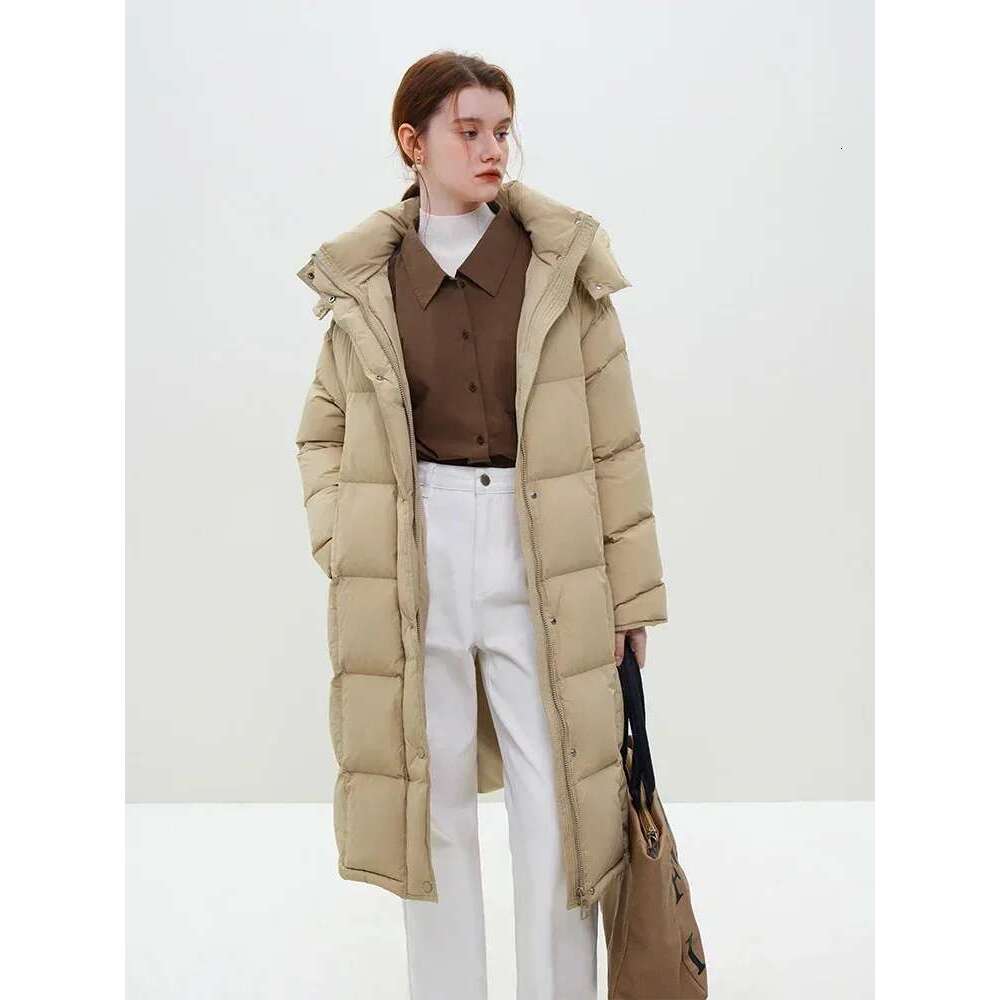 FSLE 240G Filling Capacity Retro Urban Commute Simple Korean Style Hooded Mid-Length Jacket Yellow Thicken Female Down Coat