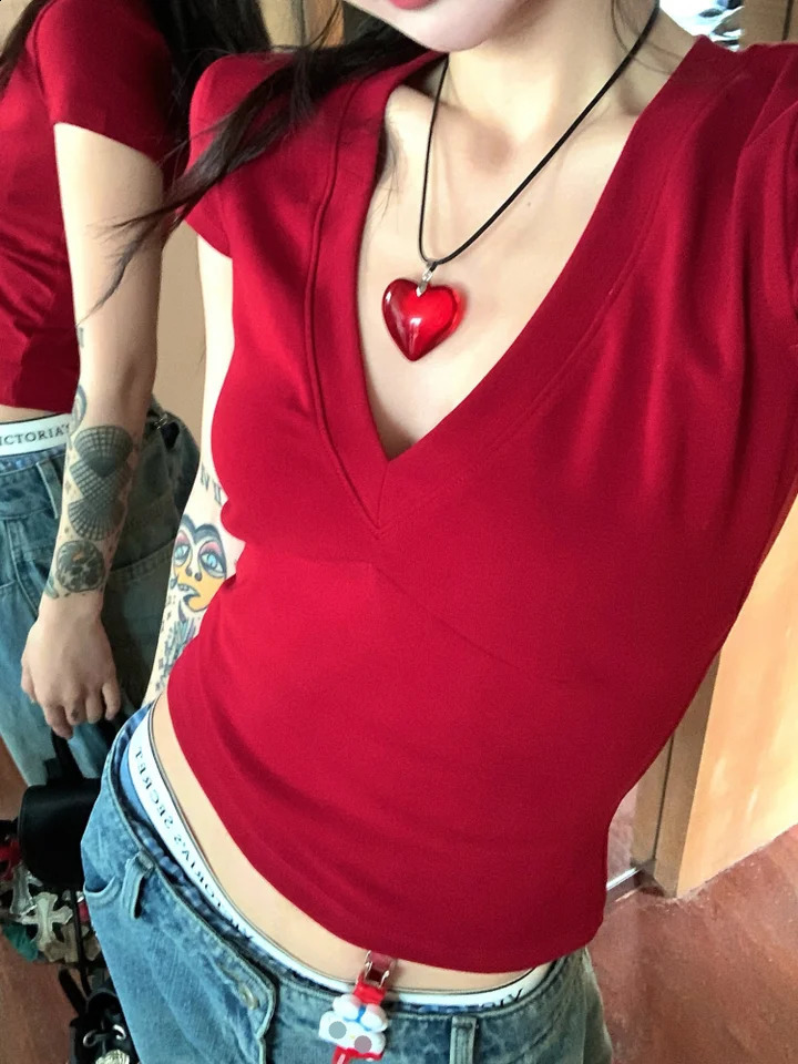 Vneck Short Sleeve Tops Casual Women T Shirts Black Summer Skinny Sexy Solid Basic Crop Top Fashion Streetwear 250517