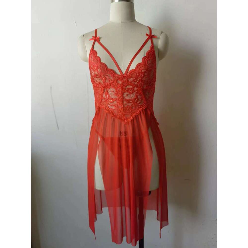 Sexy Lace Lingerie Fun Lingerie For Women Sexy Lace Mesh Patchwork Suspender Slit Exposed Breast Long Skirt Sleeping Dress KQ