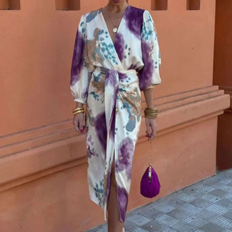 2025 Spring Womens Unique V-neck Long Sleeve Sexy Split Skirt Two Piece Set Gentle Wind High Elasticity Leisure Time New Pattern New Arrival New Produ