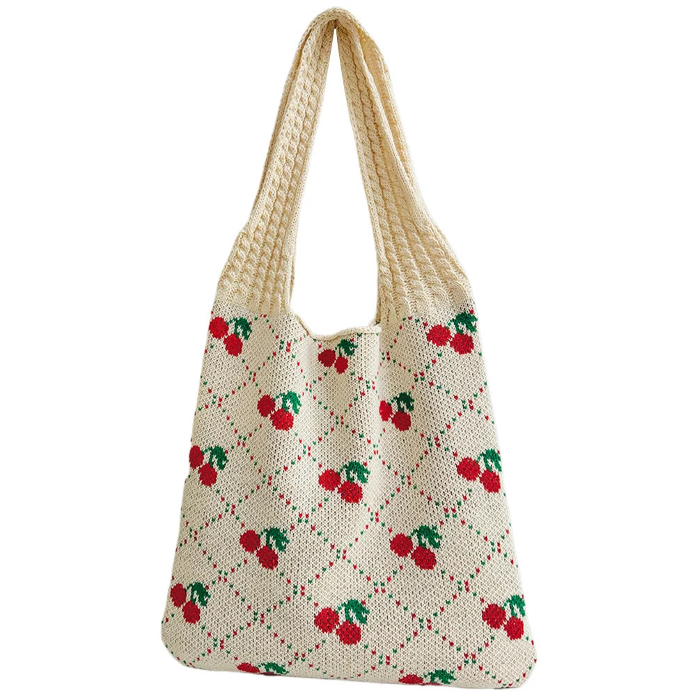 Fashion Cherry Knitting Shoulder Bag for Women Raffia Woven Boho Hand Large Travel Shopping Causal Crochet Tote Handbags 250514