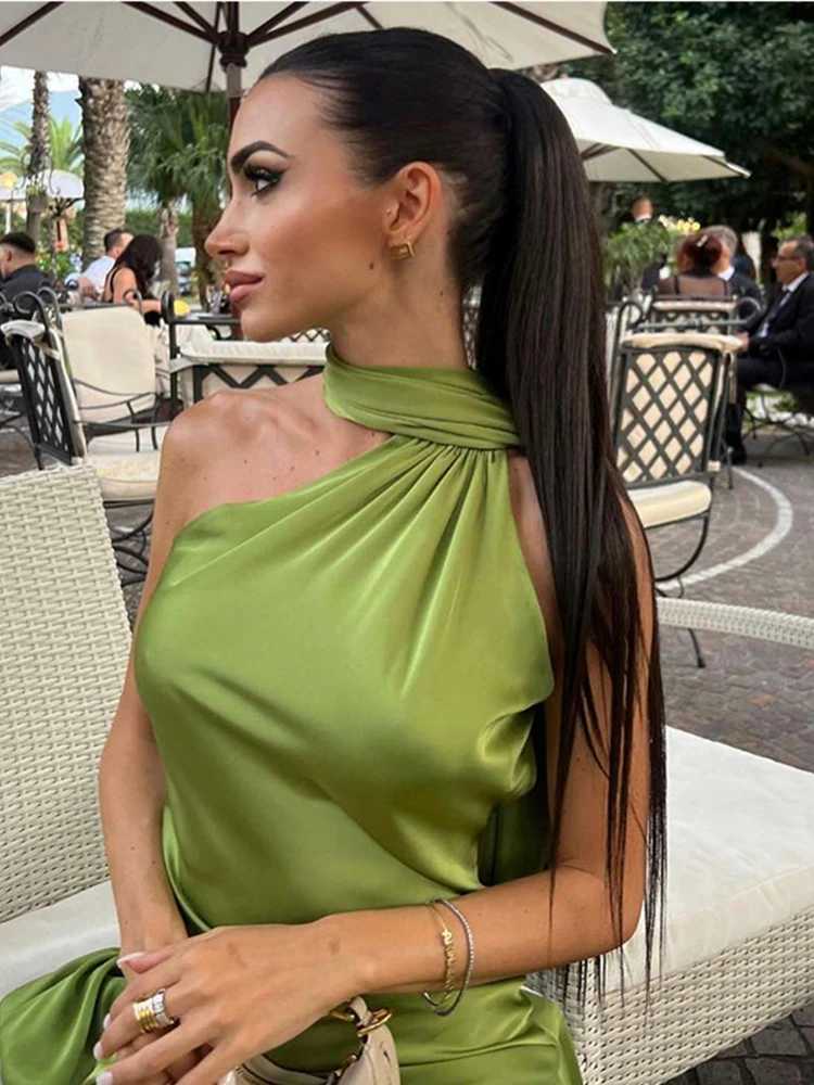 Sexy Satin Ribbon Party Dress Women Elegant Halter Backless Off Shoulder Sleeveless Female Dresses 2024 Summer Solid Robe GownXJ250514