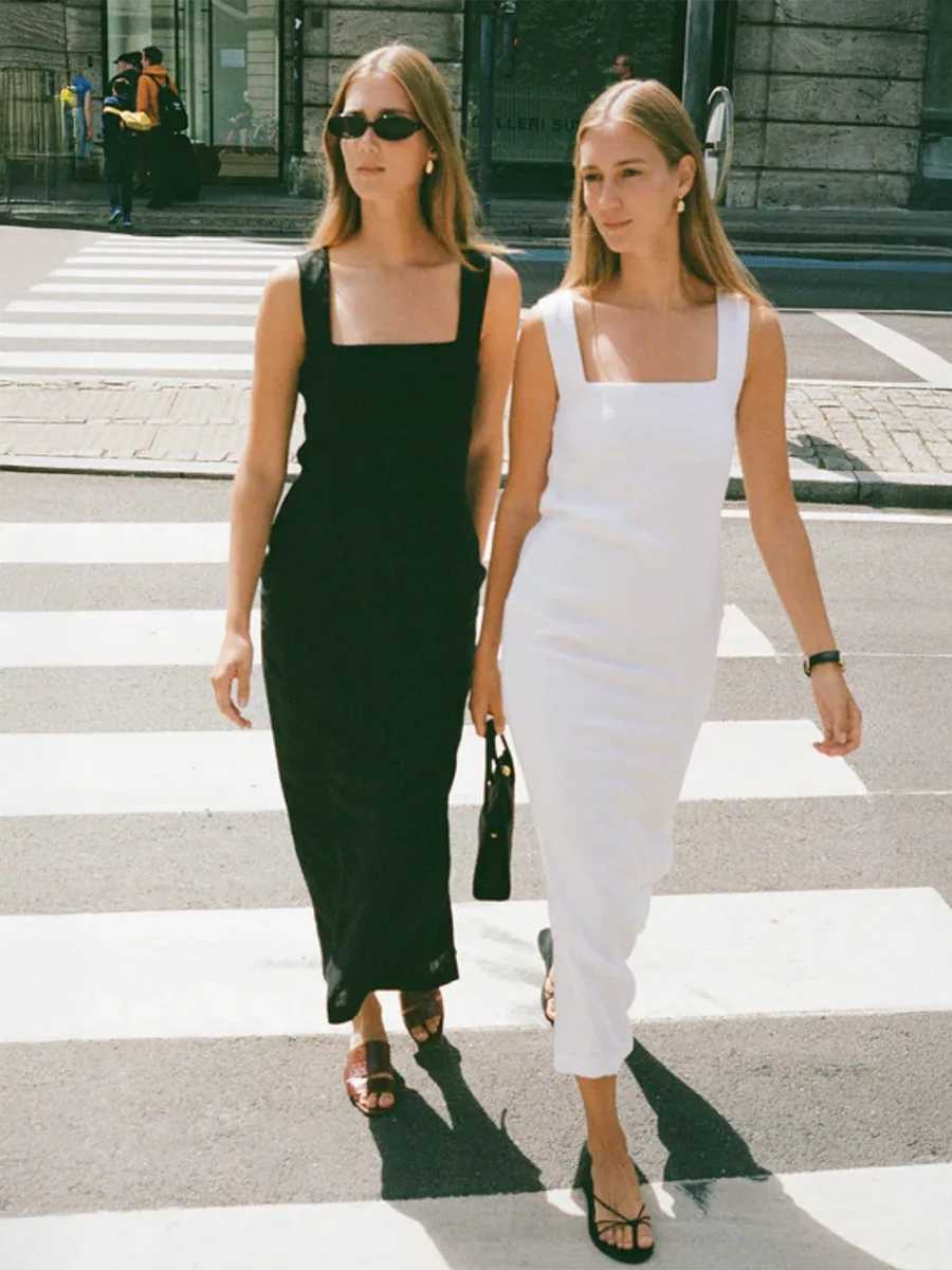 Bornladies Cotton Linen Solid Color Square Neck Suspender Dress Womens Fashion Slim Fit Long Dress Summer New Womens ClothingXJ250514