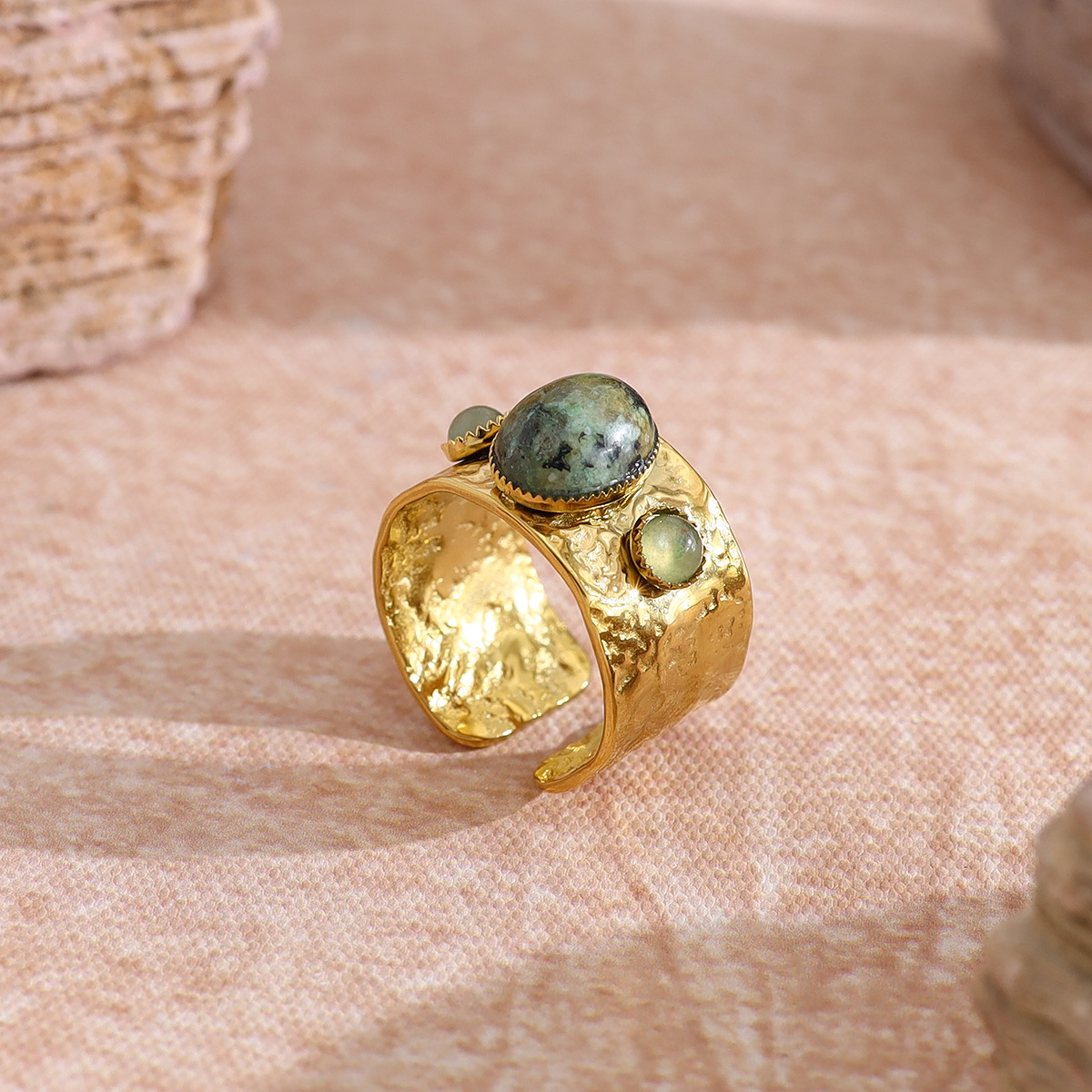 European style stainless steel natural stone ring with 18K gold plating, irregular design, wide open cuff ring for women.